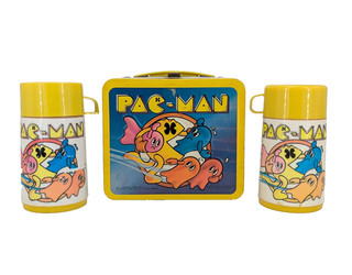 Vintage 1980 Pac Man Aladdin Metal Lunch Box w/ 2 Plastic Thermoses