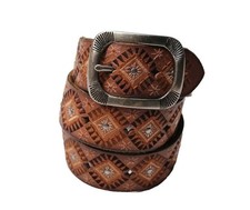 Lucky Brand Women s Brown Leather Belt Gray Embroidery Silver Studs Buckle S