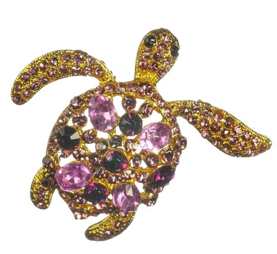 Lila Kristall Schildkröte Brosche goldfarben Meeresschildkröte Anstecknadel 5 cm Neu