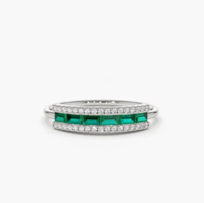 Goldring 14K 585 Weissgold Memory Ring Smaragd Baguette Brillanten Diamanten VS - Bild 1 von 4
