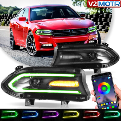 Pair VLAND RGB Style LED Headlights Lamps For 2015-2022 Dodge Charger GT SE SRT