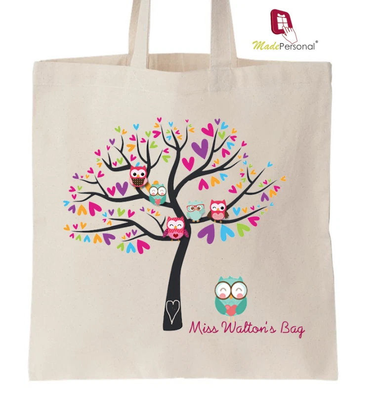 PERSONALISED Thank You Teacher School Gift Cotton Tote Bag- Owl Design-  Large