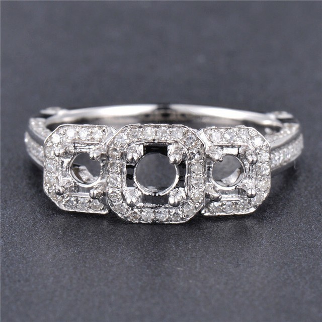 Vintage Round 5MM & 3MM Natural Diamond Three Stone Ring Setting 14K