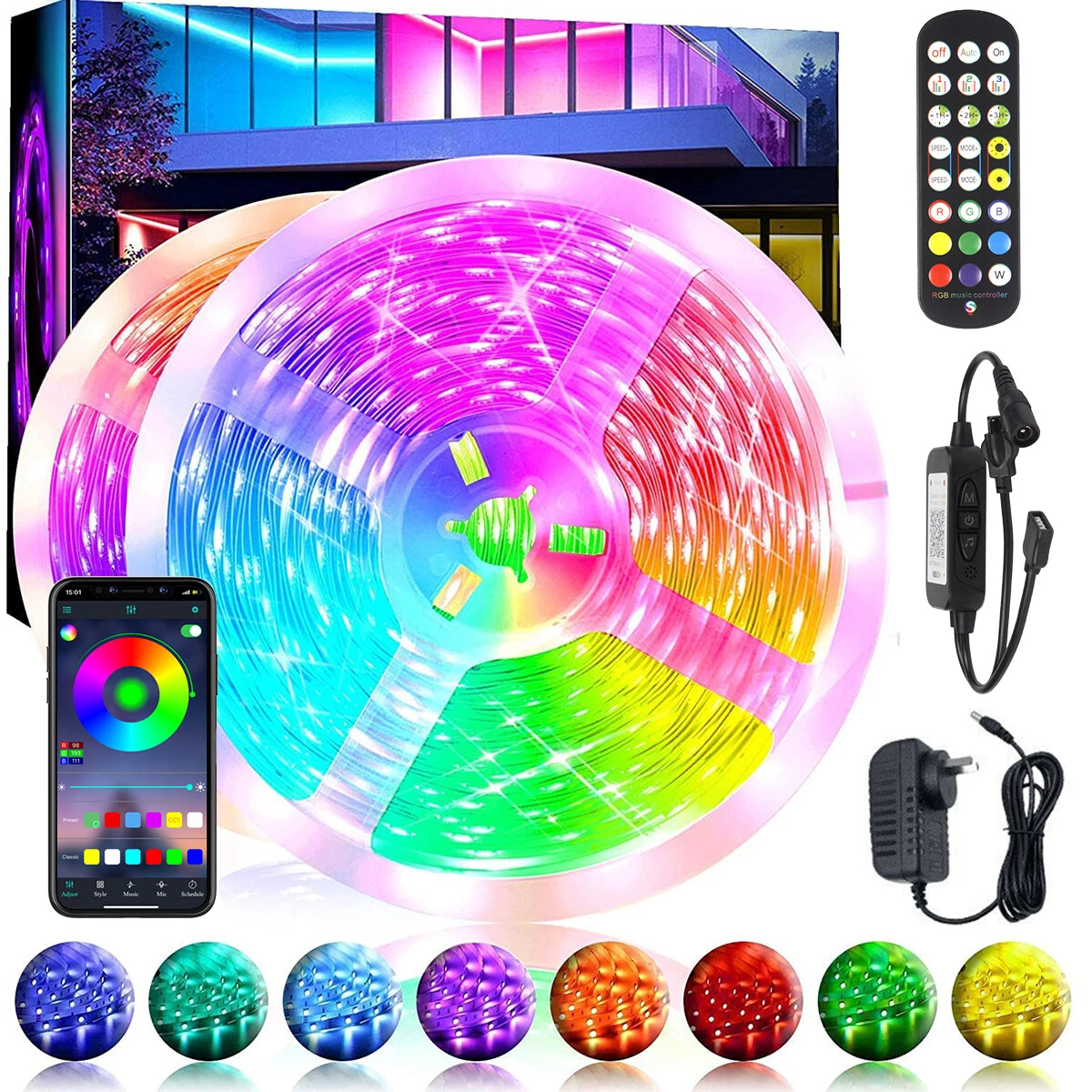 RGB LED Strip Lights 5050 SMD 7m 30M Smart Music Bluetooth Controller 12V Power