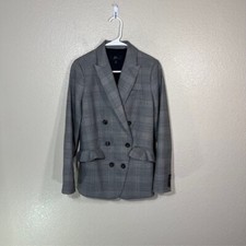 J. Crew Glen Plaid Ruffle Pocket Blazer Women 4 Gray Wool Blend Double Breasted