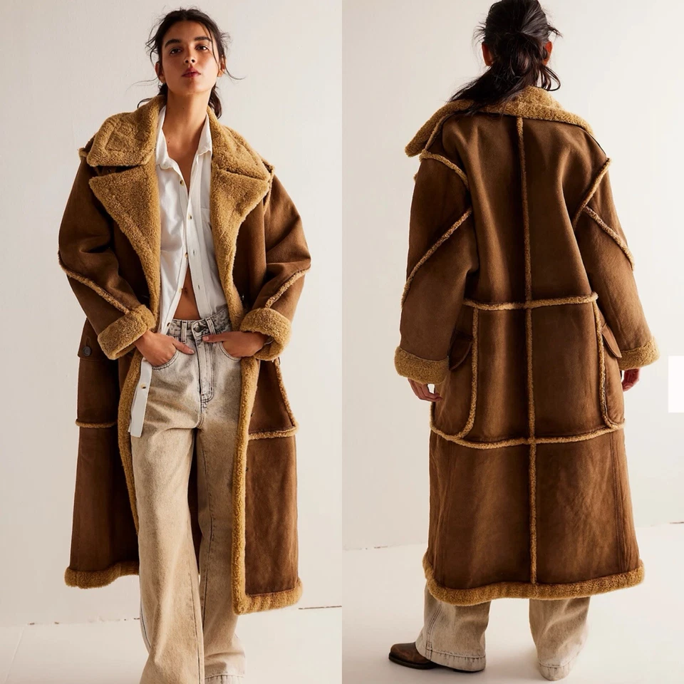 Free People Inferno Leather Suede Sherpa Brown Long Duster Coat Small $898