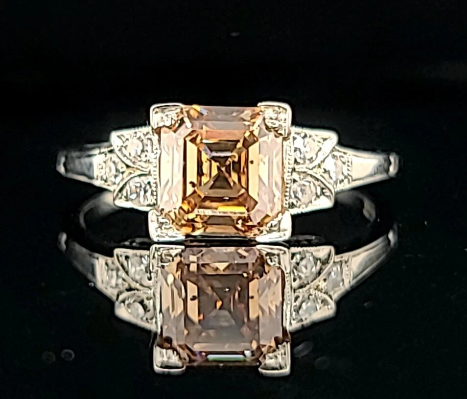 18k white gold vintage engagement ring 2.06ct. Champagne Diamond radiant cut