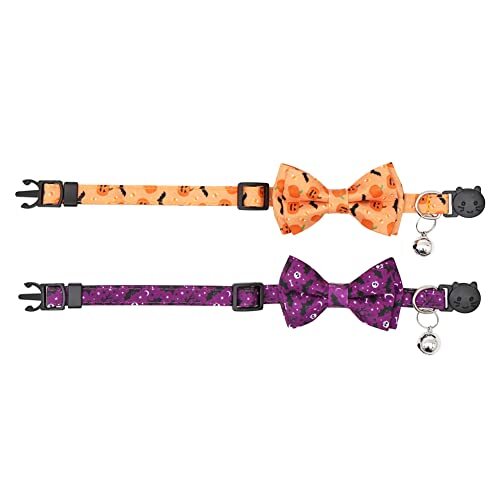 Halloween Cat Collar Breakaway with Cute Bow Tie and Bell for Orange+purple - Picture 4 of 5