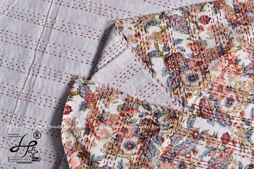 Cotton Gudari White Coverlet Hobo Throw Kantha Quilt Bedcover Decorative Blanket - 第 5/6 張圖片