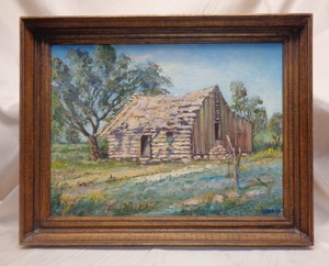 Signed-Lincoln-Estate-Vintage-034-Log-Cabin-034-Oil-Painting-on-Wood-Panel-Framed