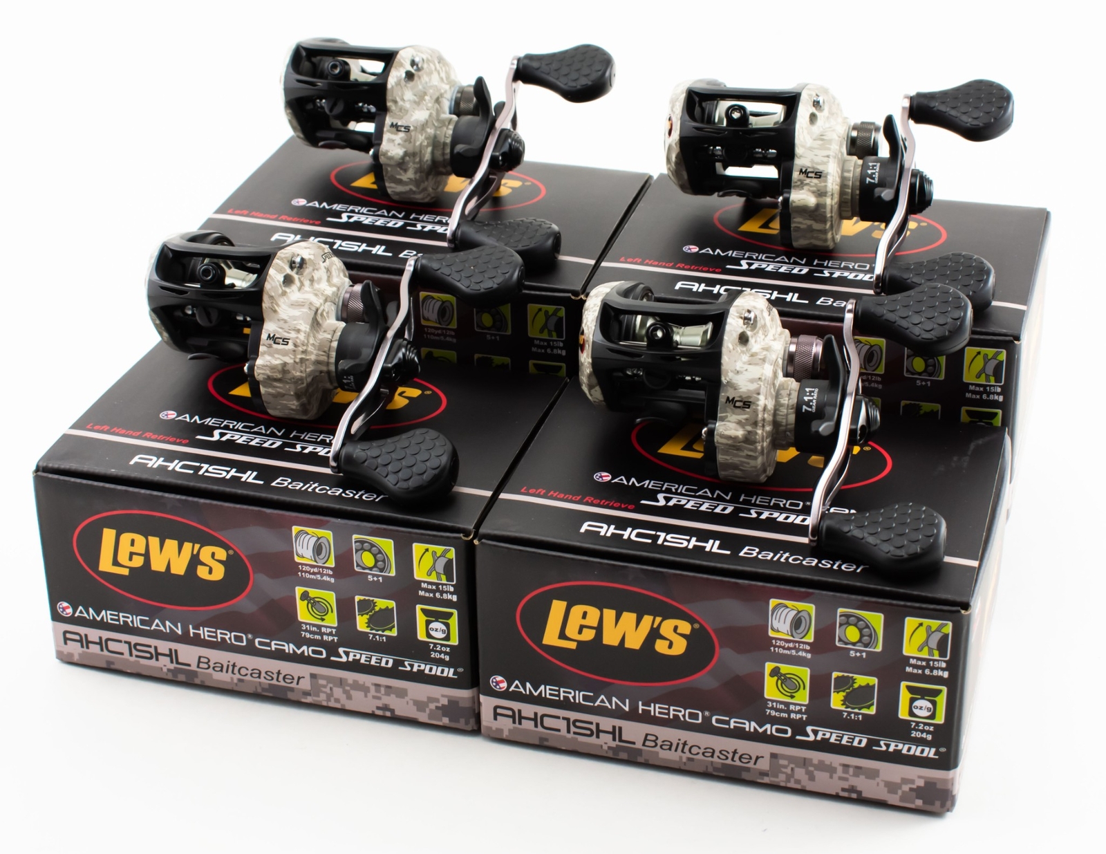 (LOT OF 4) LEW'S AMERICAN HERO CAMO AHC1SHL 7.1:1 LEFT HAND BAIT CAST REEL