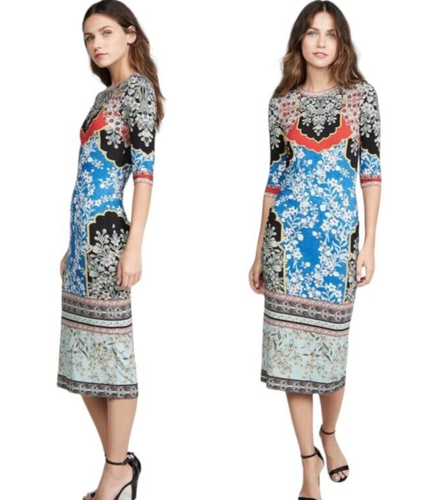 Alice and Olivia Delora Floral Midi Sheath Dress Size 2 Colorful Mosaic Stretch
