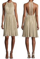 NEW Halston Heritage Sz XS Sleeveless Textured Metallic Pale Gold Cocktail Dress