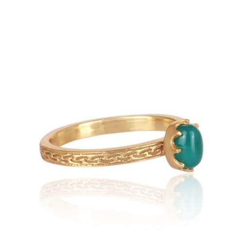 Gold Plated Prong Setting Rings Green Onyx Gemstone Engraved Band Brass Rings - Picture 3 of 4
