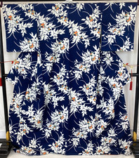 Japanese Vintage Kimono Polyester Navy Komon Traditional Authentic Length 69 in