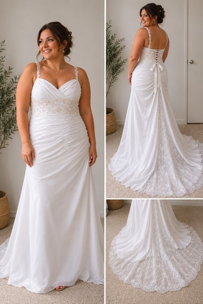 White/Ivory Sleeveless A-Line Lace Wedding Dress Beaded Bodice Ruching Train