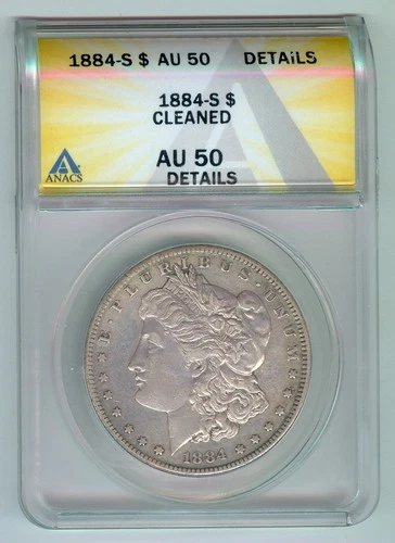 1884-S U.S. MORGAN SILVER DOLLAR - KM#110 - ANACS - CLEANED - AU50 DETAILS