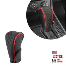 Leather Gear Shift Knob Cover for Car, Upgraded Anti-Slip Embroidery Black/Red