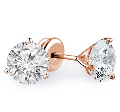14k Rose Gold Earrings 2 Carat Round Diamond Martini Studs IGI Lab Created CVD