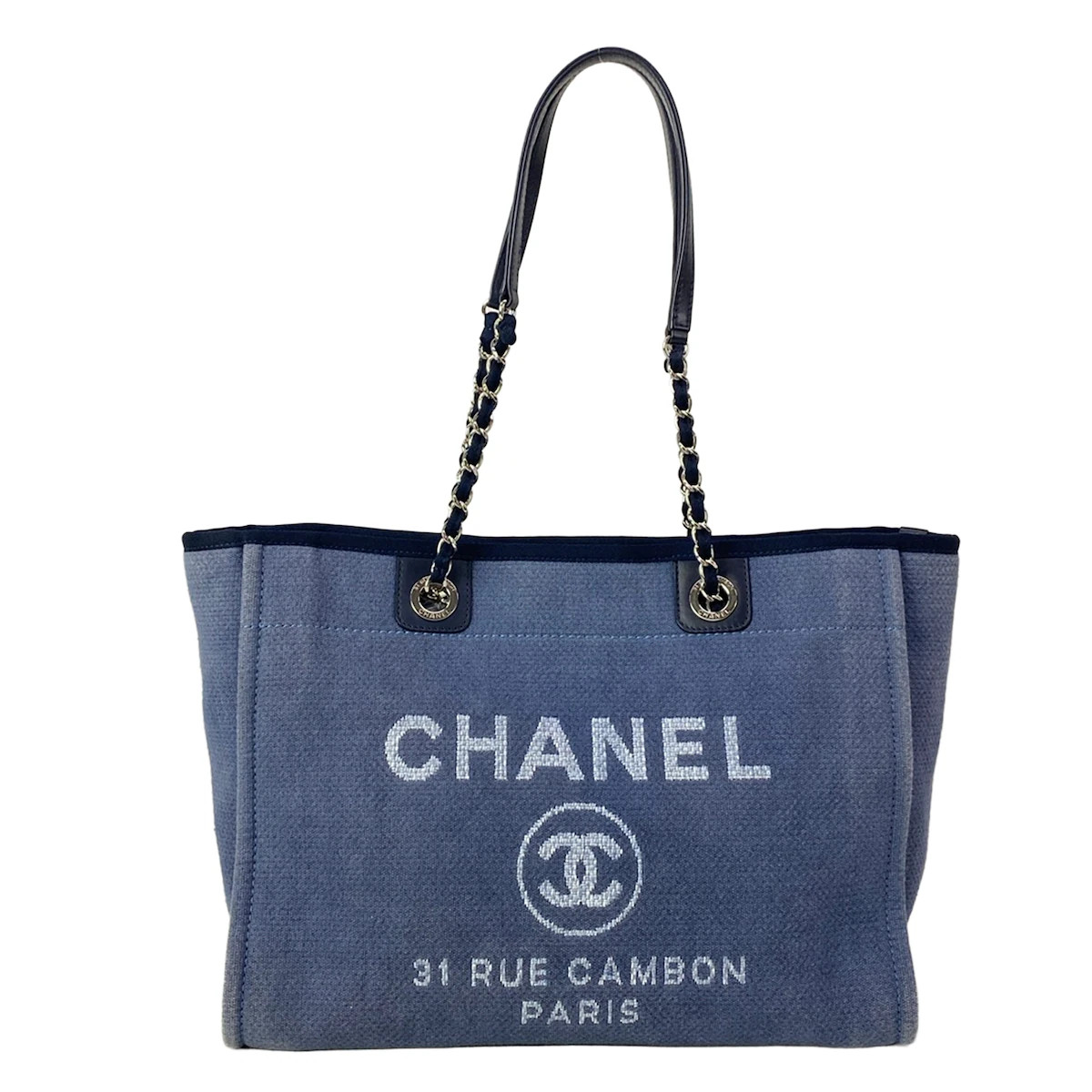 CHANEL Deauville Line MM A67001 Blue Dark Navy Canvas Leather Tote Bag
