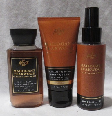 The Men's Shop Bath & Body Works Wash Cream Mist TRAVEL Set 3 MAHOGANY TEAKWOOD