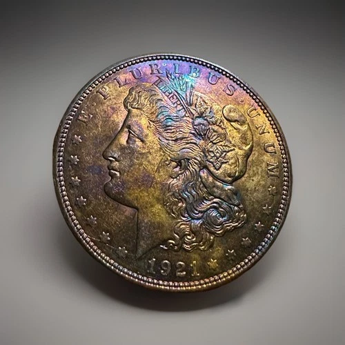 1921-D BU Morgan Dollar – Vibrant AT Rainbow Toning – Beautiful Eye Appeal