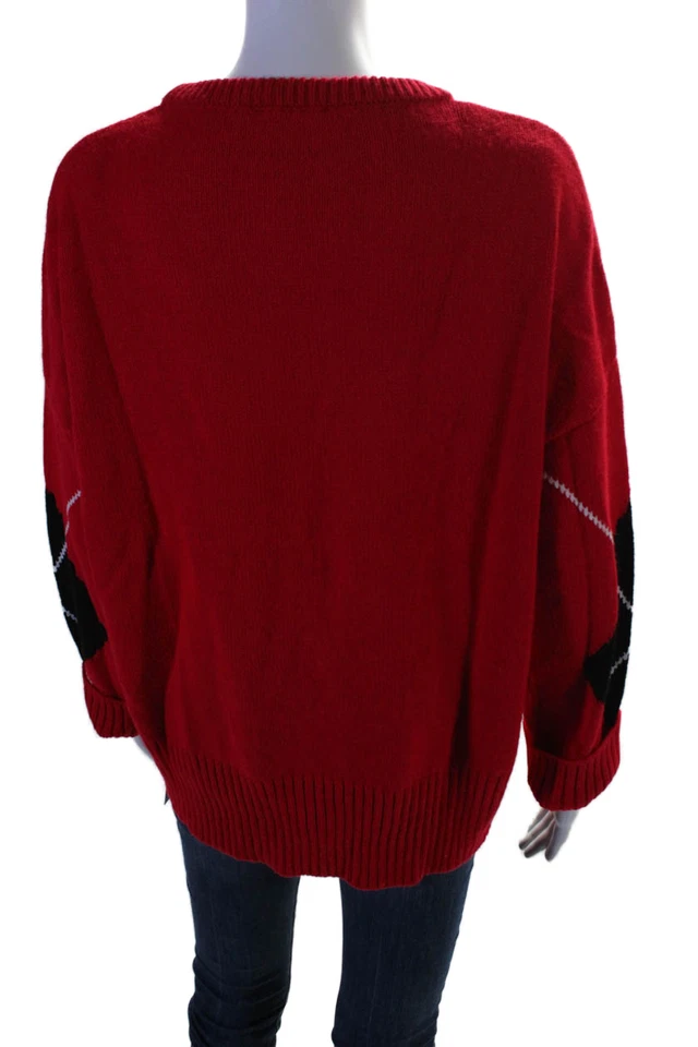 Suéter de manga larga con estampado argyle estilo RD para mujer rojo negro algodón talla pequeña Foto 3 de 4