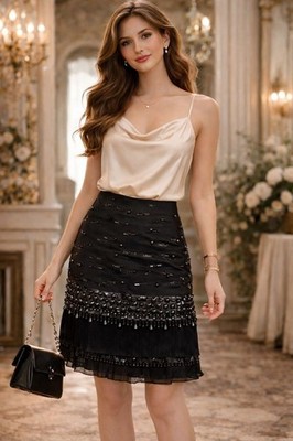 Per Se Mixed Media Tiered Silk Skirt Beaded Cocktail Paris Chic Evening sz 6
