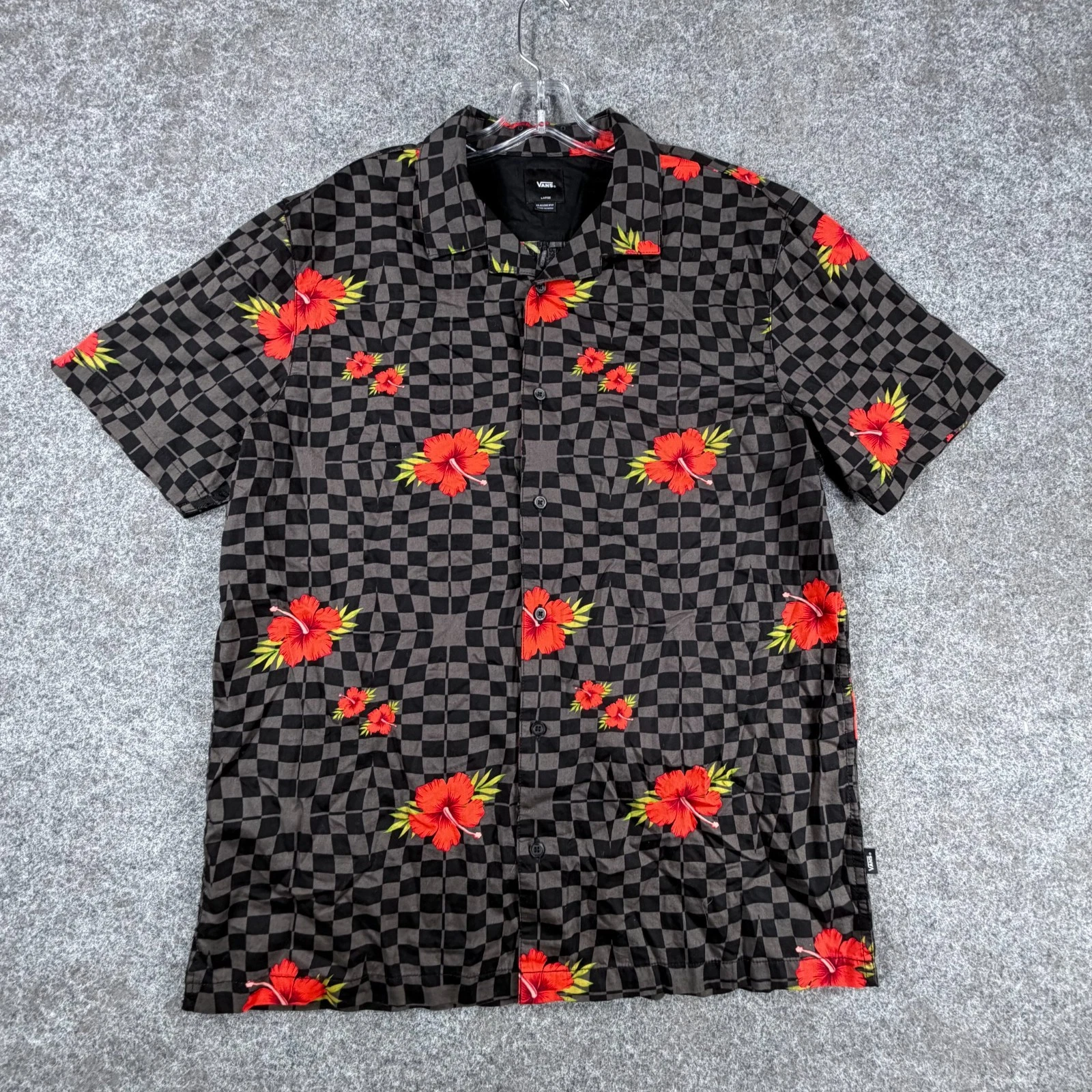 Vans Off The Wall Classic Fit Button Shirt Mens L Checkered Overlayed Red Floral