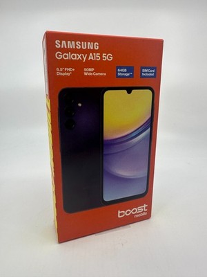 New/Sealed Boost Mobile Samsung  A15, 64GB, 5G, Black - Prepaid Smartphone 