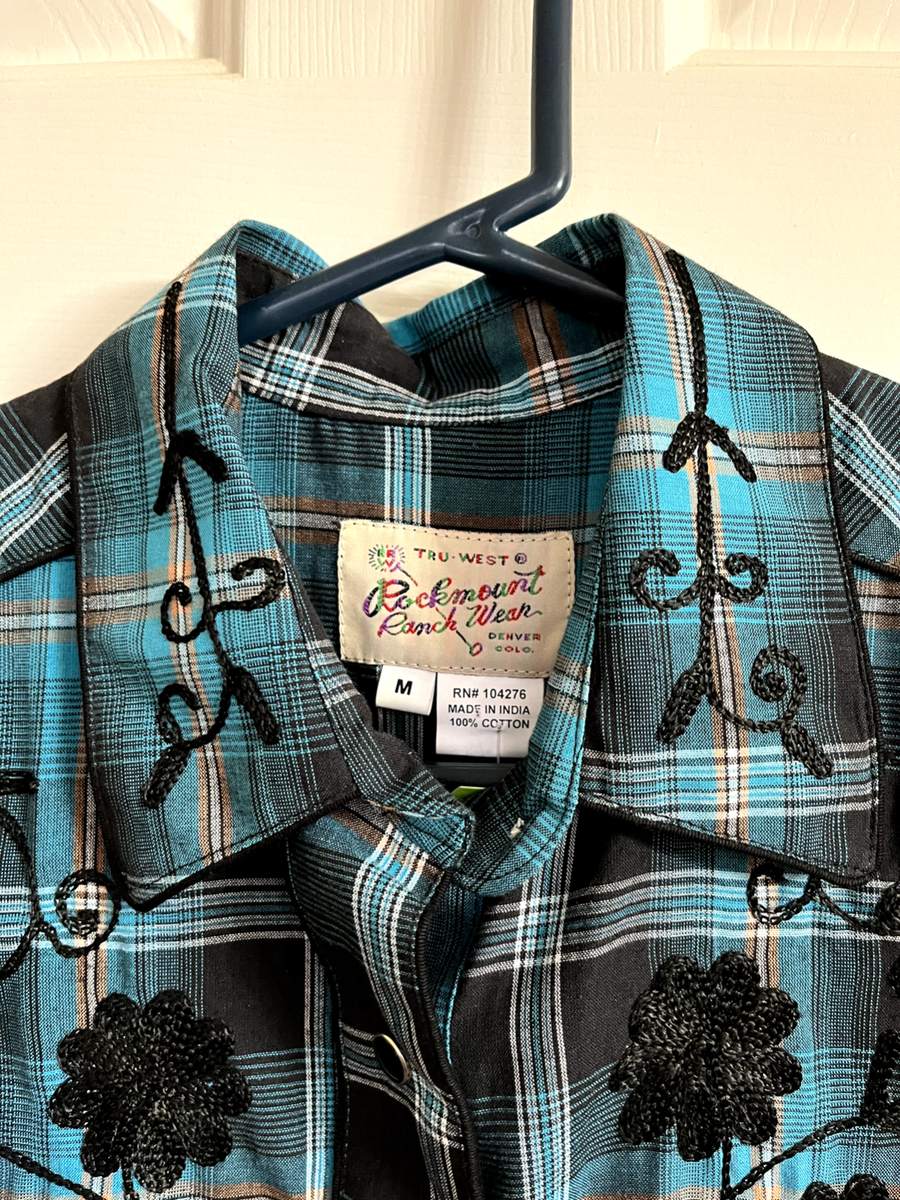 Rockmount Ranch Wear women's Tru-west black/teal plaid embroidered
