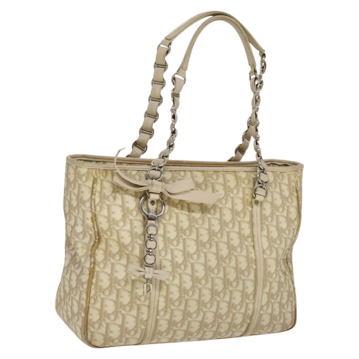 Christian Dior trotteur toile trotteur sac romantique PVC beige argent authentique 109778