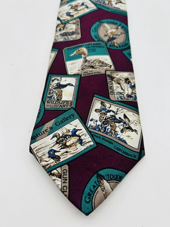 Corbata para hombre Van Heusen 417 seda patos mallardos granate verde 3,75x58 EE. UU. Foto 2 de 4