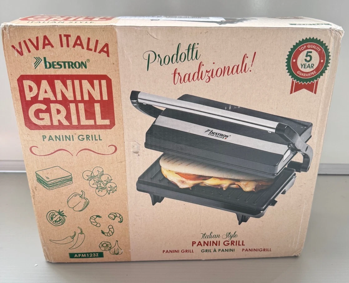 Bestron APM123Z Panini Grill Contact Grill Hinged, 700W Sandwich Toaster NEW