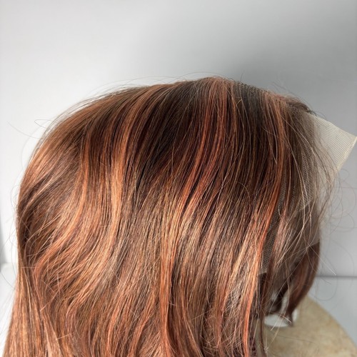 BLONDE UNICORN 12 Inch Bob Wig with Bangs Human Hair Brunette Pink Highlights - Picture 10 of 10