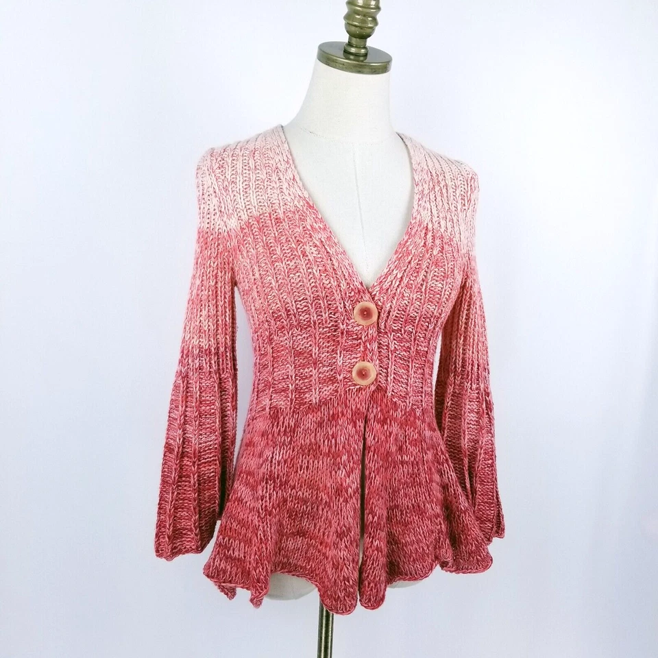 Cárdigan Suéter Sparrow Anthropologie Talla S Rojo Rayas Manga Campana 3/4 Alto Bajo Foto 3 de 4