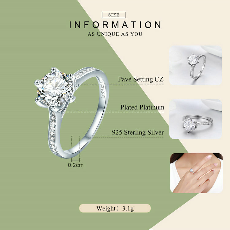 Voroco S925 Sterling Silver Wedding Finger Ring With White