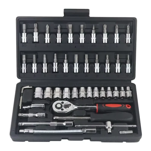 46Pcs Car Repair Tool Kit Socket Set with 1/4-Inch Ratchet, Torque Wrench & Auto