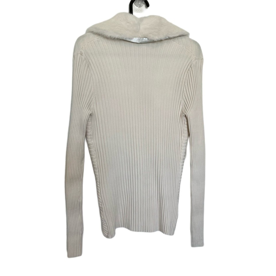 WR Cream Silk Vegan Fur Trim Collar Zip Front Ribbed Sweater Size Small