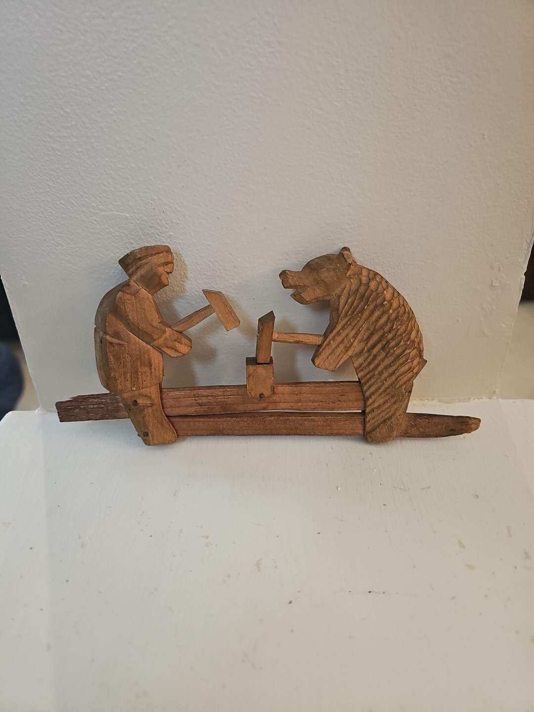 Vintage Russian Wooden Blacksmith And Bear Wooden Toy