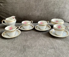 AYNSLEY ENGLAND ENGLISH BONE CHINA ROSE BLUE 4 Demitasse Sets Creamer & Sugar