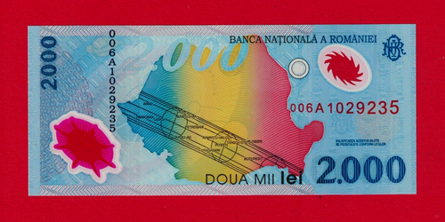 2000 Lei 1999 ROMANIA UNC Polymer Solar System, EUROPE's 1st Polymer Note P-111a - Picture 2 of 2