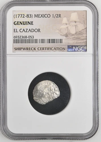 1772-1783 Mexico 1/2 Real El Cazador Silver Shipwreck Coin NGC Graded #053