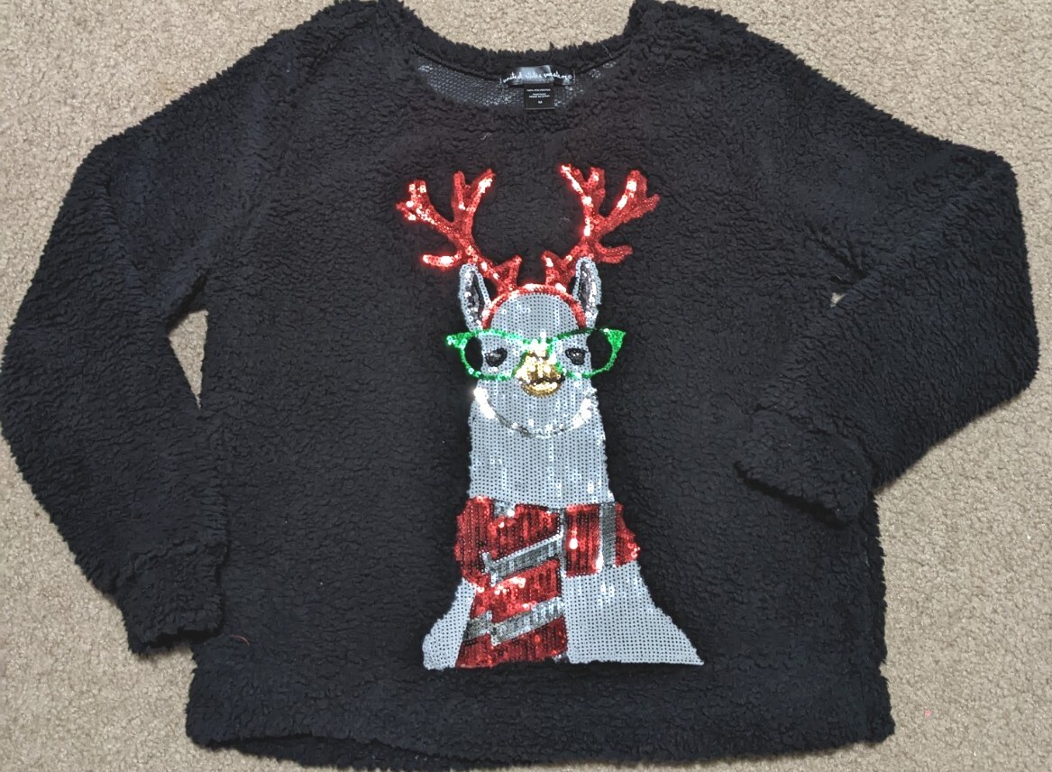 United States Sweaters Llama Sequin Sherpa Ugly Christmas Pullover Size  Medium