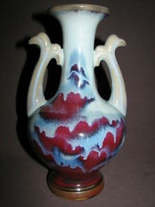 Vtg Chinese Oxblood Sang De Boeuf Flambe Drip Glaze Porcelain Double Handle Vase