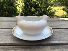 Vintage Fukagawa Japan Arita Double Spout Gravy Boat W/ Attached Plate Platinum