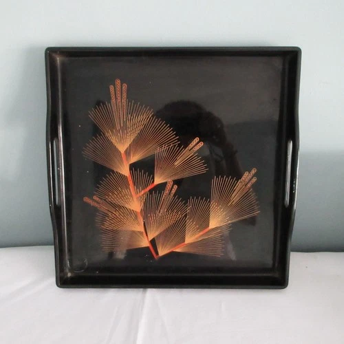 Vintage Japanese Lacquer Tray Pine Needle Maki-e Black Gold Red Serving Square