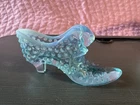 Vintage Fenton Glass Shoe Slipper Hobnail Aqua Blue White Opalescent Cat Head