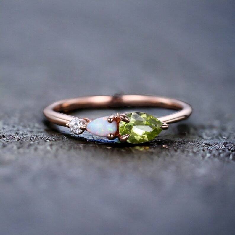 Peridot Opal Rose Gold 925 Sterling Silver Engagement Wedding Band-image