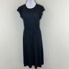 GAP Midi Dress Small Black Striped Flutter Sleeve Self Tie Belt Crewneck Chic